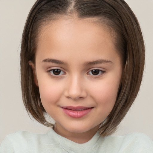 Joyful white child female with medium  brown hair and brown eyes