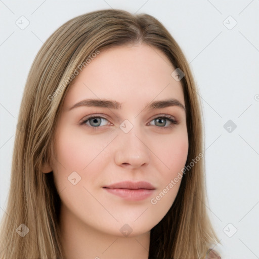 Neutral white young-adult female with long  brown hair and brown eyes