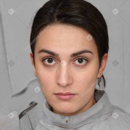 Neutral white young-adult female with medium  brown hair and brown eyes