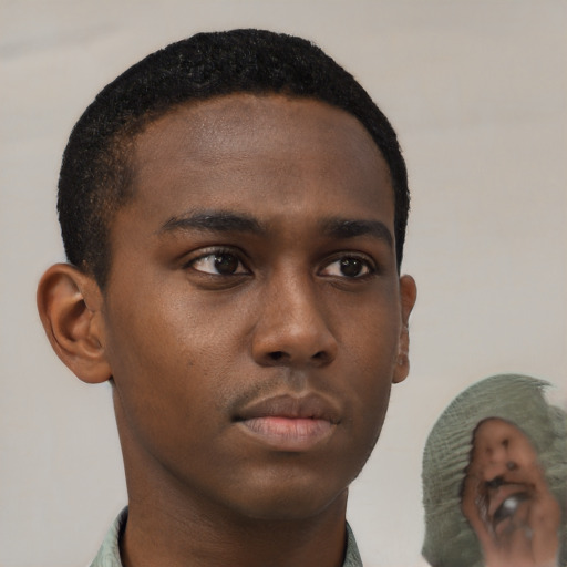 Neutral black young-adult male with short  brown hair and brown eyes