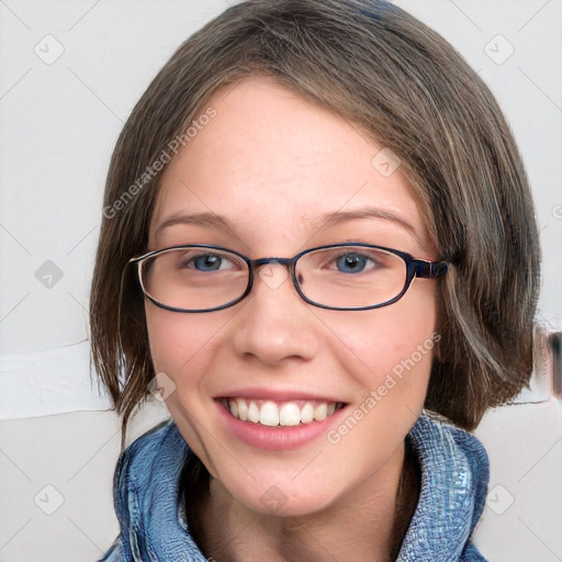 Joyful white young-adult female with medium  brown hair and blue eyes