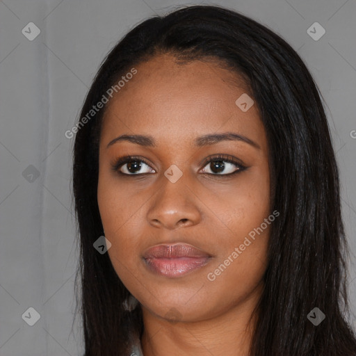 Joyful asian young-adult female with long  black hair and brown eyes
