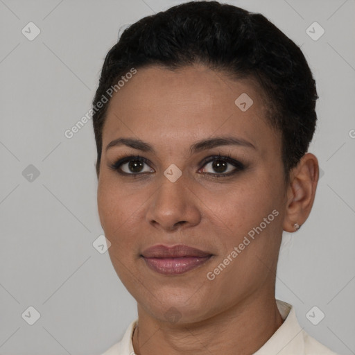 Joyful latino young-adult female with short  brown hair and brown eyes