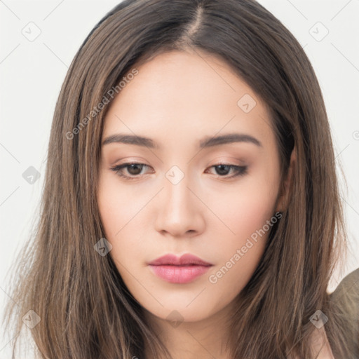 Neutral white young-adult female with long  brown hair and brown eyes