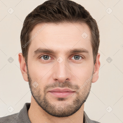 Neutral white young-adult male with short  brown hair and grey eyes