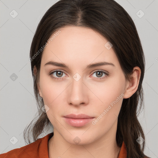 Neutral white young-adult female with medium  brown hair and brown eyes