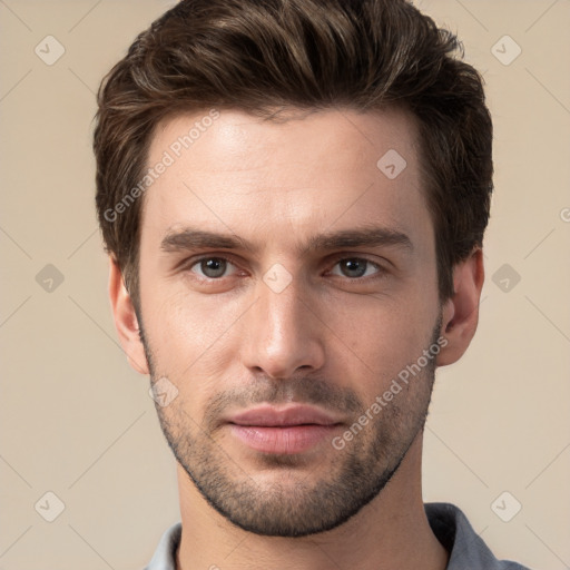 Neutral white young-adult male with short  brown hair and brown eyes