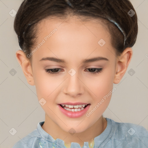 Joyful white child female with short  brown hair and brown eyes