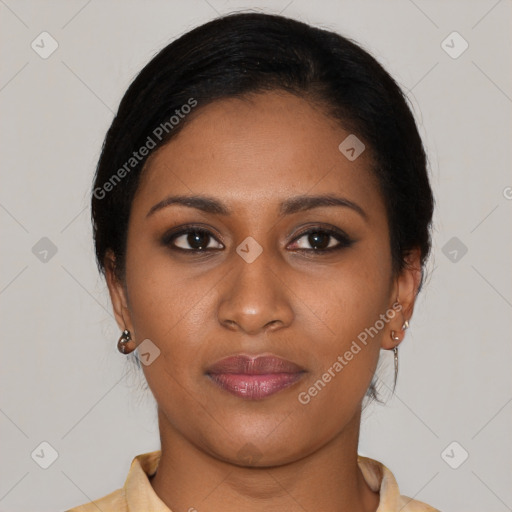 Joyful black young-adult female with medium  brown hair and brown eyes