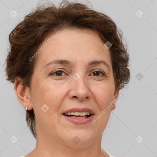 Joyful white adult female with short  brown hair and brown eyes