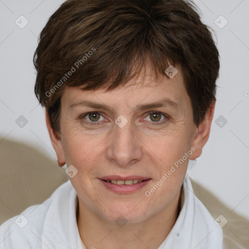 Joyful white adult female with short  brown hair and brown eyes