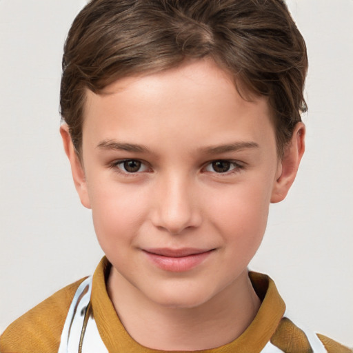 Joyful white child female with short  brown hair and brown eyes