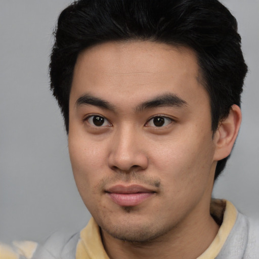 Neutral asian young-adult male with short  brown hair and brown eyes