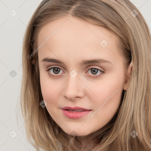 Neutral white young-adult female with long  brown hair and brown eyes