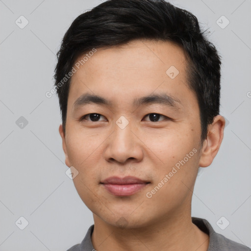 Neutral asian young-adult male with short  black hair and brown eyes