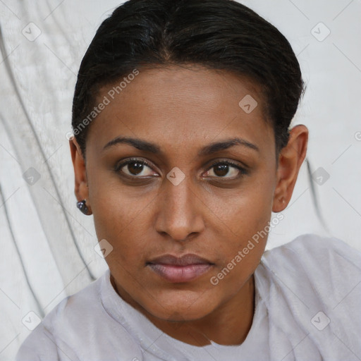 Neutral black young-adult female with short  brown hair and brown eyes