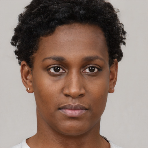 Neutral black young-adult female with short  brown hair and brown eyes