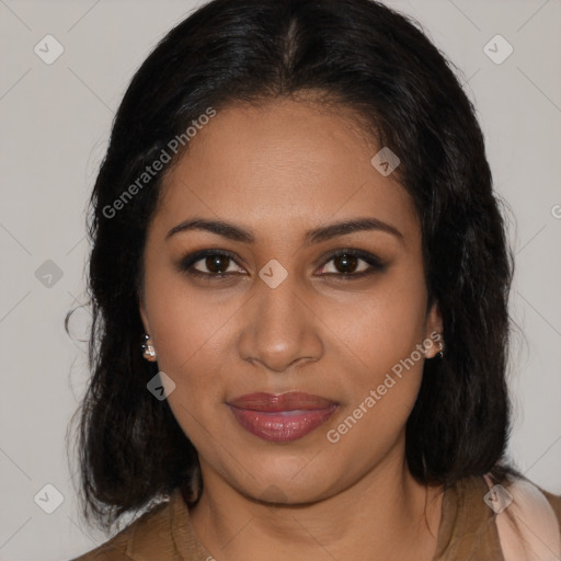 Joyful latino young-adult female with long  brown hair and brown eyes