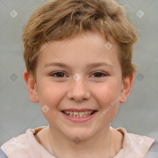 Joyful white child male with short  brown hair and brown eyes