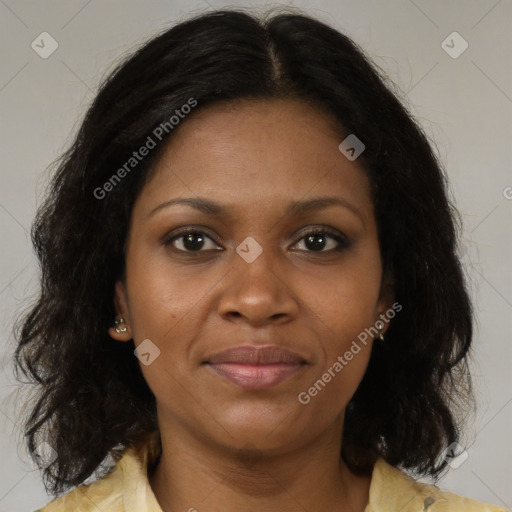 Joyful black young-adult female with medium  brown hair and brown eyes