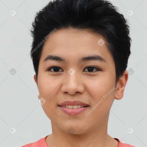 Joyful asian young-adult female with short  brown hair and brown eyes
