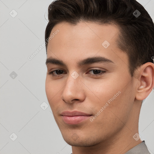 Neutral white young-adult male with short  brown hair and brown eyes