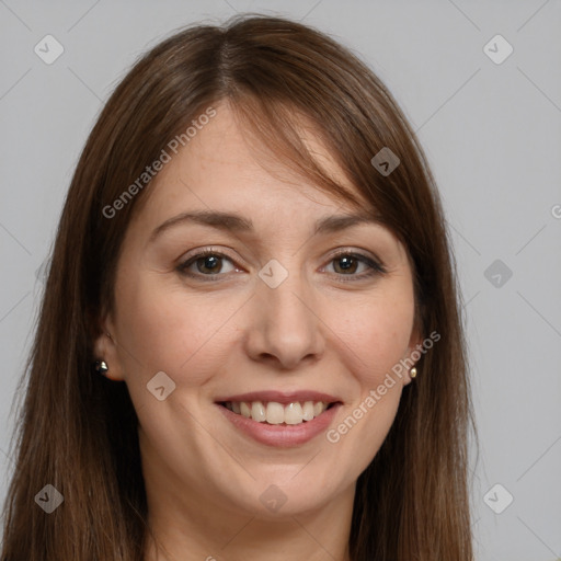 Joyful white young-adult female with long  brown hair and brown eyes