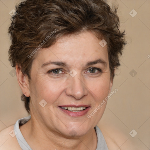 Joyful white adult female with short  brown hair and brown eyes