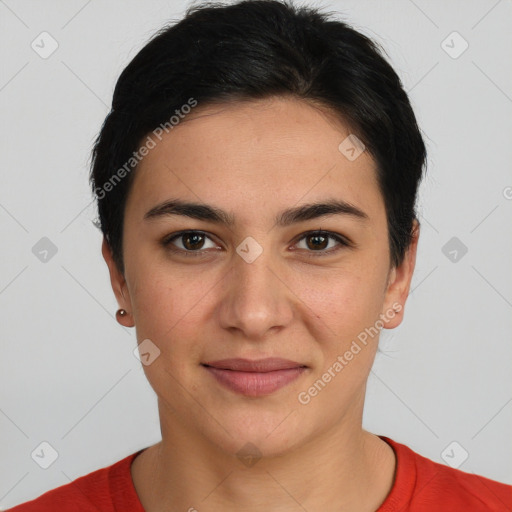 Joyful white young-adult female with short  brown hair and brown eyes