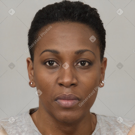 Neutral black young-adult female with short  brown hair and brown eyes