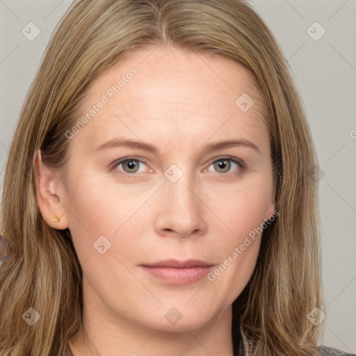 Neutral white young-adult female with long  brown hair and grey eyes