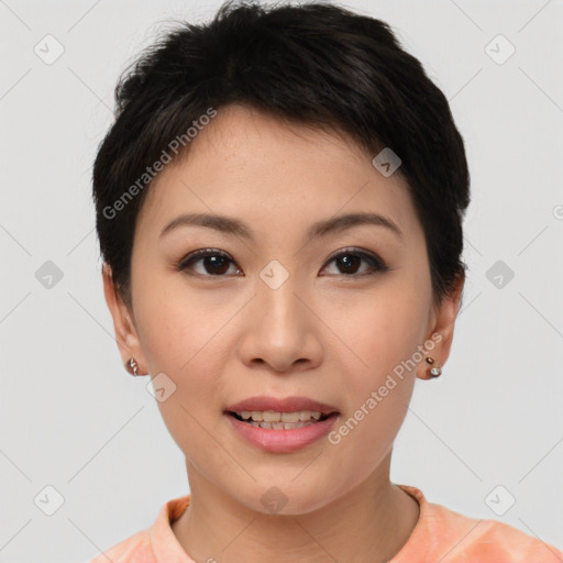 Joyful asian young-adult female with short  brown hair and brown eyes