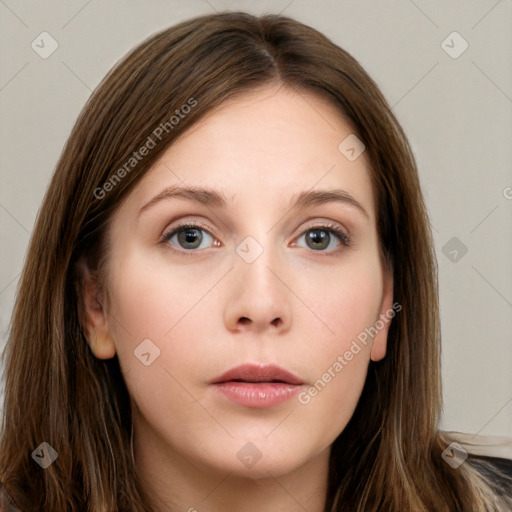 Neutral white young-adult female with long  brown hair and grey eyes