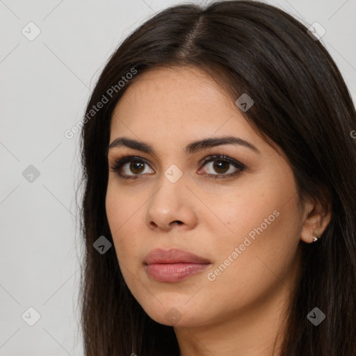 Neutral white young-adult female with long  brown hair and brown eyes