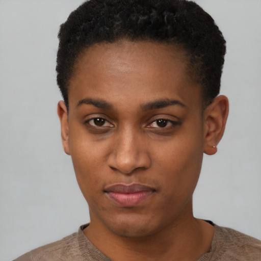 Neutral black young-adult female with short  black hair and brown eyes