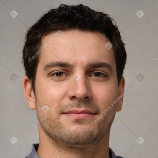 Neutral white young-adult male with short  brown hair and brown eyes