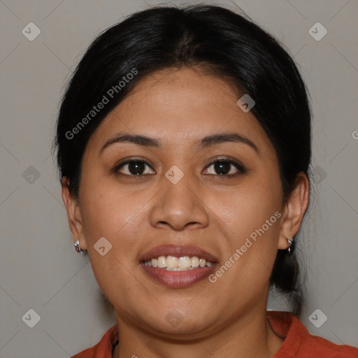 Joyful asian young-adult female with medium  brown hair and brown eyes
