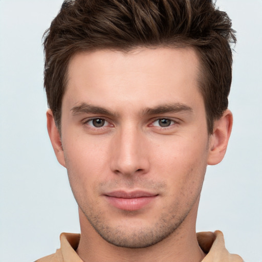 Neutral white young-adult male with short  brown hair and brown eyes