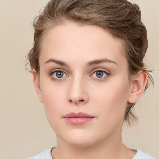 Neutral white young-adult female with medium  brown hair and grey eyes