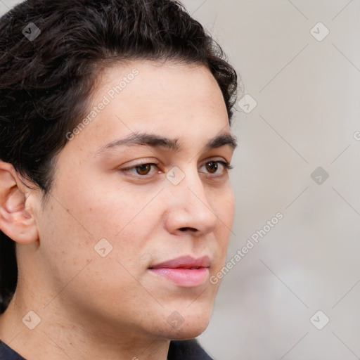 Neutral white young-adult female with short  brown hair and brown eyes