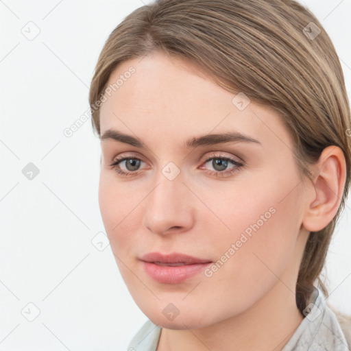 Neutral white young-adult female with medium  brown hair and grey eyes