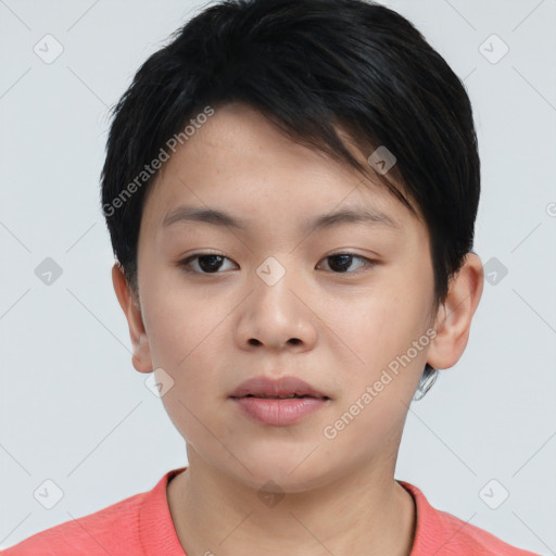 Neutral asian young-adult female with short  brown hair and brown eyes