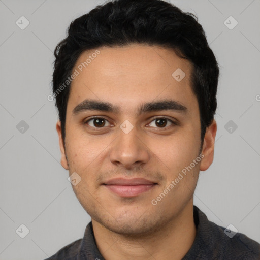 Joyful latino young-adult male with short  black hair and brown eyes