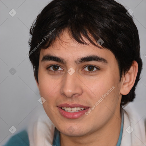 Joyful white young-adult male with medium  brown hair and brown eyes