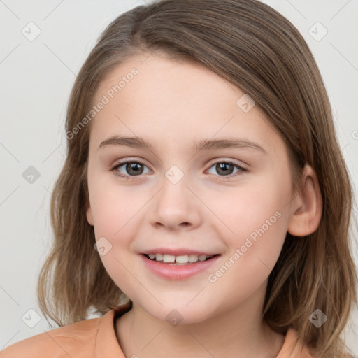 Joyful white child female with medium  brown hair and brown eyes