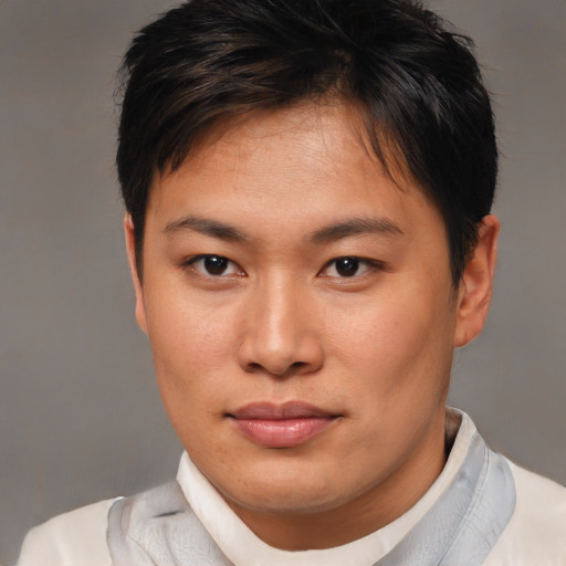 Neutral asian young-adult female with short  brown hair and brown eyes