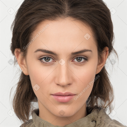 Neutral white young-adult female with medium  brown hair and brown eyes