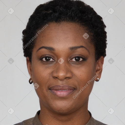 Neutral black young-adult female with short  black hair and brown eyes