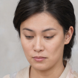 Neutral asian young-adult female with medium  brown hair and brown eyes