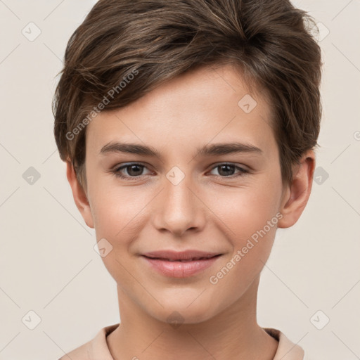 Joyful white child male with short  brown hair and brown eyes